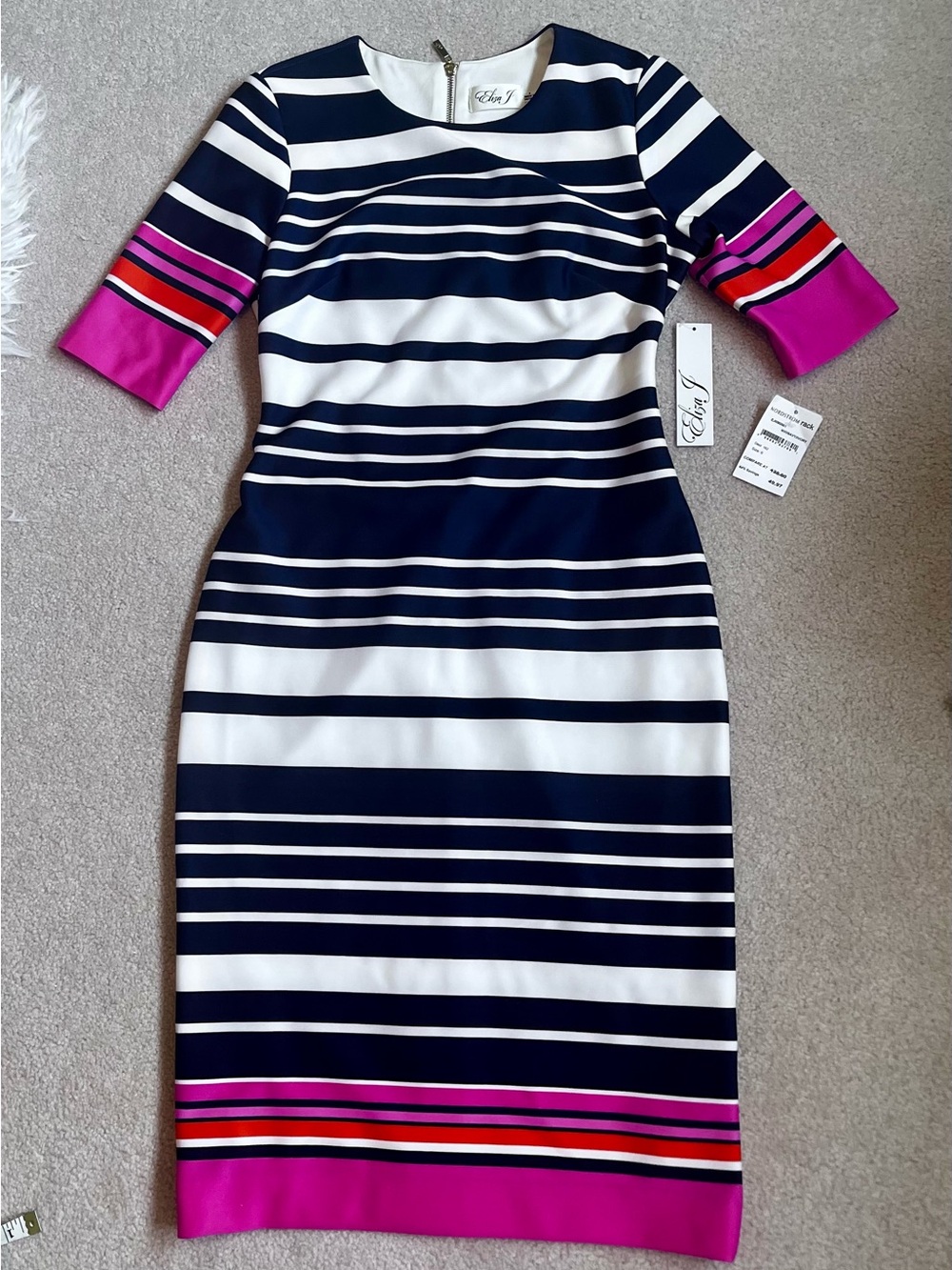 Eliza J Navy and White Striped Midi Dress with Pink & Red Accents